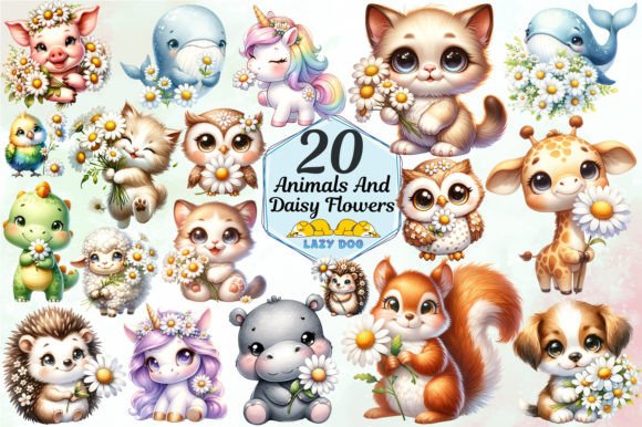 Cute Animals Daisy Flowers Design Set