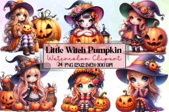 Cute Little Witch Pumpkin Clipart Bundle