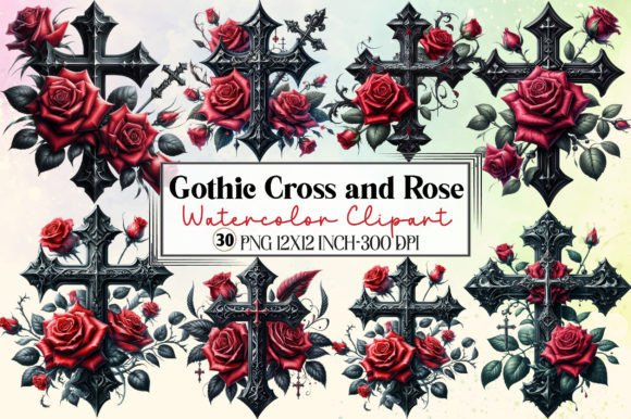 Watercolor Gothic Cross and Rose Clipart Uses