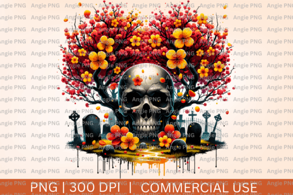 Watercolor Skull Cherry Blossom Tree PNG